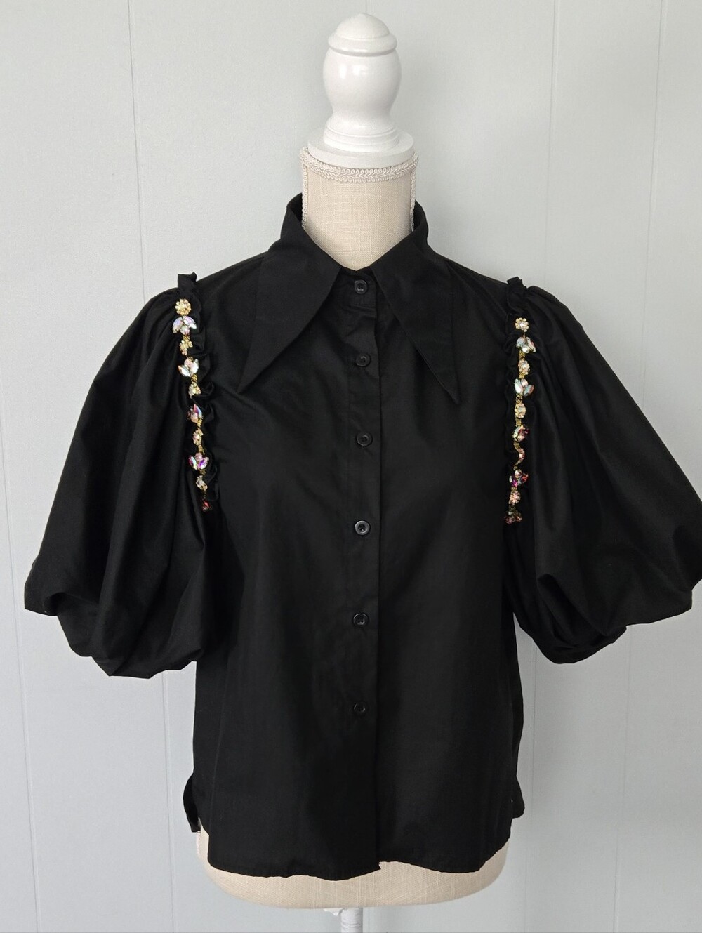 Black Puff-Sleeve Button-Down Shirt with Embellished Shoulder Trim